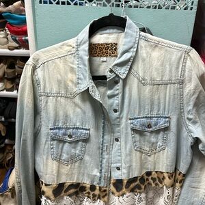 Oversized blue Jean  shirt with lace. Long button up